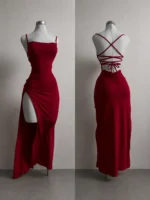 Women's Red Lace Up Back Maxi Dress – Elegant High Slit Bodycon Dress - Image 5