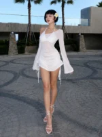 Women's Asymmetric Slash Neck Mini Dress – Ruched Lace Up Party Dress