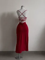 Women's Red Lace Up Back Maxi Dress – Elegant High Slit Bodycon Dress - Image 7