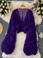 Elegant Chiffon V Neck Blouse – Puff Sleeve Smocked Waist Top - Image 11