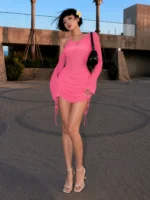Women's Asymmetric Slash Neck Mini Dress – Ruched Lace Up Party Dress - Image 7
