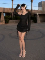 Women's Asymmetric Slash Neck Mini Dress – Ruched Lace Up Party Dress - Image 14