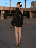 Women's Asymmetric Slash Neck Mini Dress – Ruched Lace Up Party Dress - Image 12