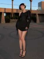 Women's Asymmetric Slash Neck Mini Dress – Ruched Lace Up Party Dress - Image 13