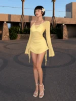 Women's Asymmetric Slash Neck Mini Dress – Ruched Lace Up Party Dress - Image 16