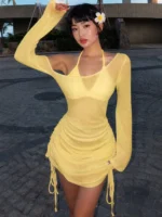 Women's Asymmetric Slash Neck Mini Dress – Ruched Lace Up Party Dress - Image 18