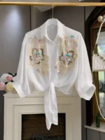 Sequined Embroidered Chiffon Blouse – Korean Floral Shirt - Image 2