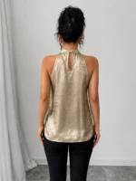 Champagne Halter Neck Blouse – Shiny Sleeveless Elegant Top - Image 4