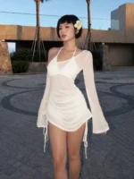 Women's Asymmetric Slash Neck Mini Dress – Ruched Lace Up Party Dress - Image 23
