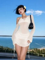 Women's Asymmetric Slash Neck Mini Dress – Ruched Lace Up Party Dress - Image 25