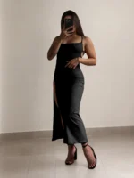 Women's Red Lace Up Back Maxi Dress – Elegant High Slit Bodycon Dress - Image 4