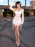 Women's Asymmetric Slash Neck Mini Dress – Ruched Lace Up Party Dress - Image 4