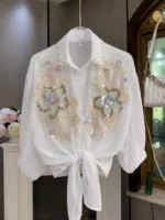 Sequined Embroidered Chiffon Blouse – Korean Floral Shirt - Image 3