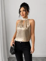 Champagne Halter Neck Blouse – Shiny Sleeveless Elegant Top - Image 3