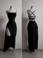 Women's Red Lace Up Back Maxi Dress – Elegant High Slit Bodycon Dress - Image 6