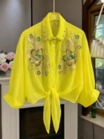 Sequined Embroidered Chiffon Blouse – Korean Floral Shirt - Image 4