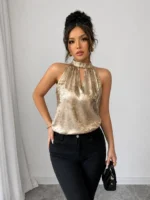 Champagne Halter Neck Blouse – Shiny Sleeveless Elegant Top - Image 2