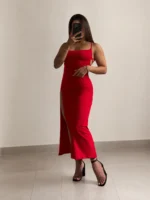 Women's Red Lace Up Back Maxi Dress – Elegant High Slit Bodycon Dress - Image 3