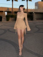 Women's Asymmetric Slash Neck Mini Dress – Ruched Lace Up Party Dress - Image 19