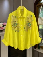 Sequined Embroidered Chiffon Blouse – Korean Floral Shirt - Image 5