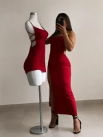 Women's Red Lace Up Back Maxi Dress – Elegant High Slit Bodycon Dress - Image 9