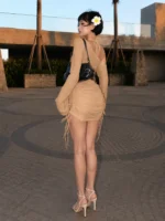 Women's Asymmetric Slash Neck Mini Dress – Ruched Lace Up Party Dress - Image 20