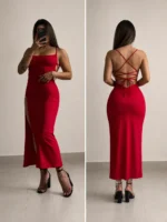 Women's Red Lace Up Back Maxi Dress – Elegant High Slit Bodycon Dress - Image 8