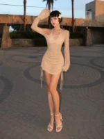 Women's Asymmetric Slash Neck Mini Dress – Ruched Lace Up Party Dress - Image 21