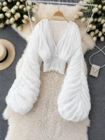 Elegant Chiffon V Neck Blouse – Puff Sleeve Smocked Waist Top - Image 8