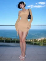 Women's Asymmetric Slash Neck Mini Dress – Ruched Lace Up Party Dress - Image 22