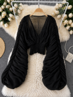 Elegant Chiffon V Neck Blouse – Puff Sleeve Smocked Waist Top - Image 9