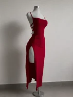 Women's Red Lace Up Back Maxi Dress – Elegant High Slit Bodycon Dress - Image 2