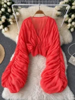 Elegant Chiffon V Neck Blouse – Puff Sleeve Smocked Waist Top - Image 10