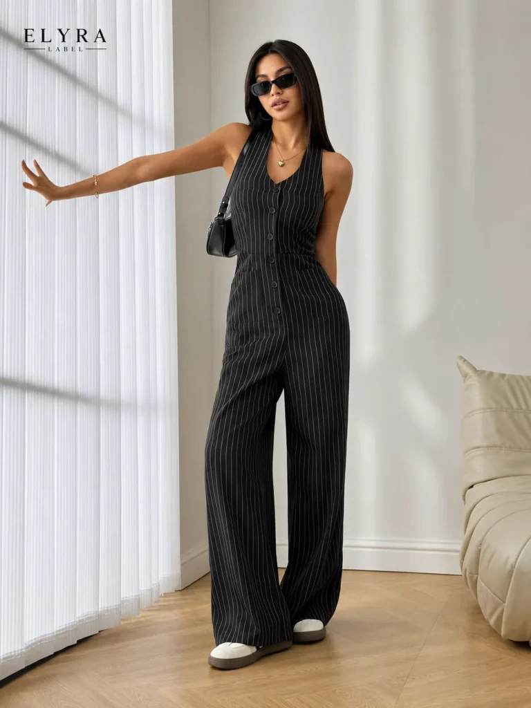 Black Pinstripe Wide Leg Jumpsuit by ELYRA LABEL featuring a sleeveless V-neck design, front button closure, tailored fit, and elegant wide-leg silhouette
