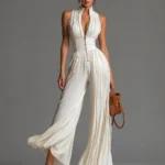 White Pleated Jumpsuit by ELYRA LABEL featuring a stand collar, front zipper, sleeveless design, high waist, and flowing wide-leg silhouette