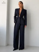 Navy Pinstripe Blazer Set | Elegant Women's Business Suit - Image 2