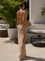 Champagne Knit Slip Maxi Dress | Elegant Party Cover-Up - Image 2