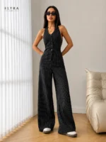 Black Pinstripe Wide Leg Jumpsuit | Elegant Office Style - Image 2