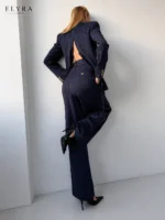Navy Pinstripe Blazer Set | Elegant Women's Business Suit - Image 3