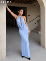 Sky Blue Halter Backless Maxi Dress | Elegant Summer Style - Image 4