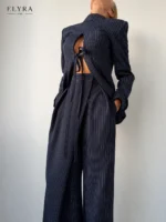 Navy Pinstripe Blazer Set | Elegant Women's Business Suit - Image 8