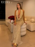Champagne Halter Bodycon Maxi Dress | Elegant Evening Gown - Image 9