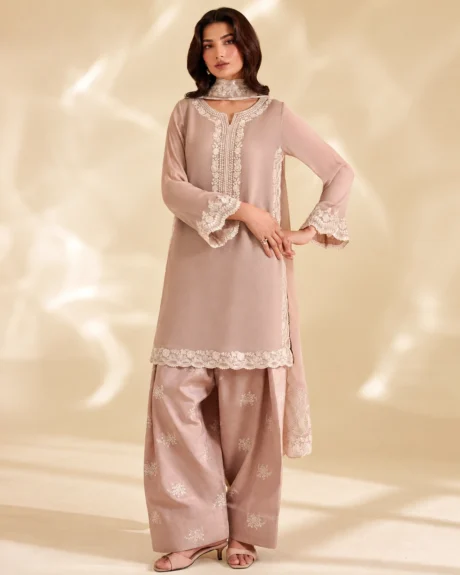 Embroidered Organza Lace Chiffon Suit with Embroidered Dupatta and Raw Silk Trouser