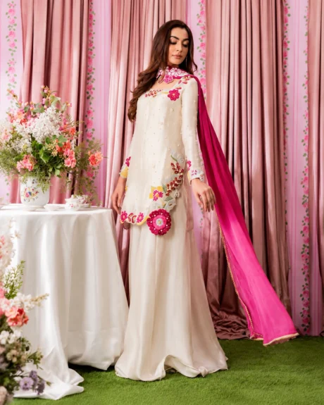Shanzay Anoshy Multi Floral Embroidered Silk Suit with Fuchsia Dupatta