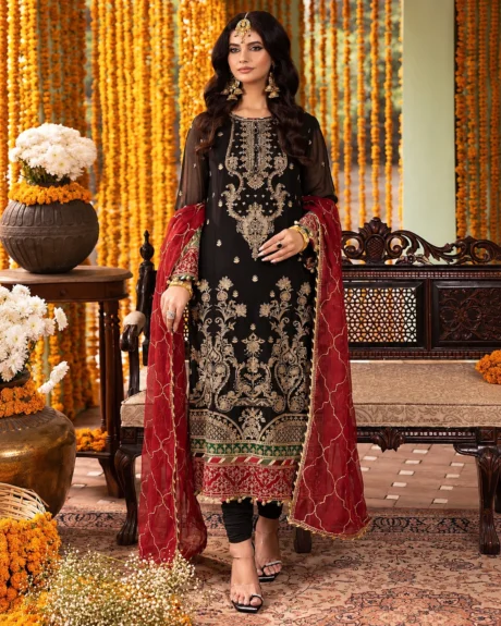 Unstitched 3 Piece Chiffon Rang-E-Mehfil 004 with Heavy Adda Work