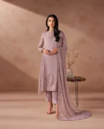 Sequins Embroidered Chiffon Suit with Three-Panel Front and Matching Dupatta
