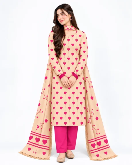Dhanak Printed 3 Piece Suit with Heart Pattern and Matching Plain Trouser