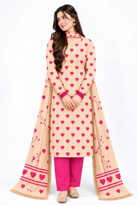 Dhanak Printed 3 Piece Suit with Heart Pattern and Matching Plain Trouser