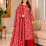 Dhanak Printed 3 Piece Suit in Red and White with Matching Shawl