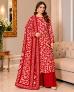 Dhanak Printed 3 Piece Suit in Red and White with Matching Shawl